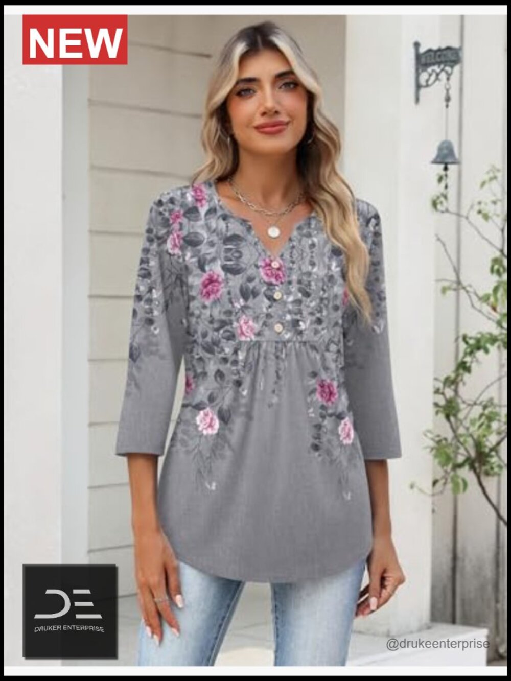 Womens 3/4 Sleeve V Neck Pleated Tunic Tops Dressy Casual Blouses - Picture 2 of 7